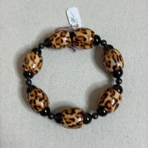NWT Handmade Leopard Print Beads & Genuine Smokey Topaz Beaded Stretch Bracelet